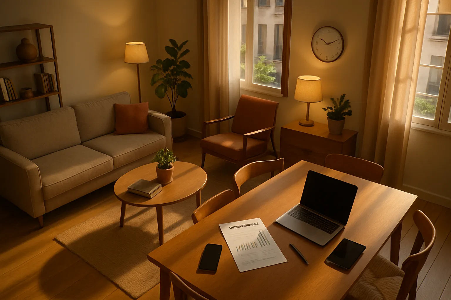 Gemütliches Wohnzimmer mit Sofa, Sessel, Stehlampen, Pflanzen, Fenster und einem Tisch mit Laptop, Smartphone, Papier und Stift.