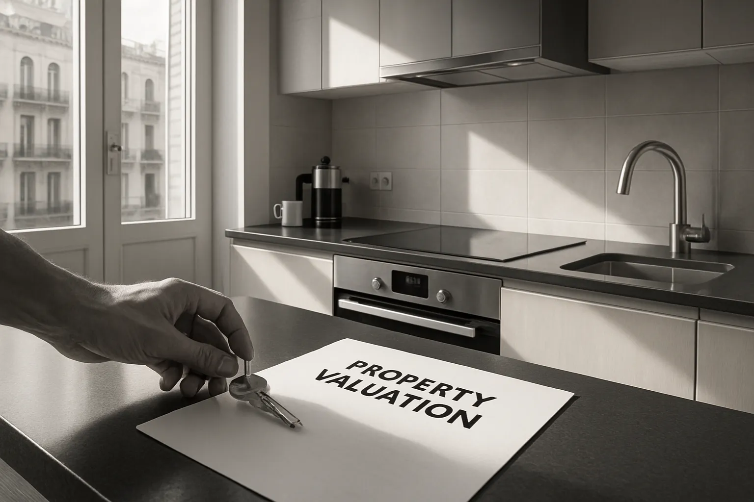 Ein Hand legt einen Schlüssel auf eine Liste mit „Property Valuation“ in einer modernen Küche mit Fenster und Blick auf Stadt.